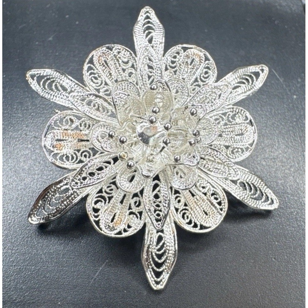 925 Sterling Silver Filigree Flower Brooch Pin Layered Floral 37mm 4.35g